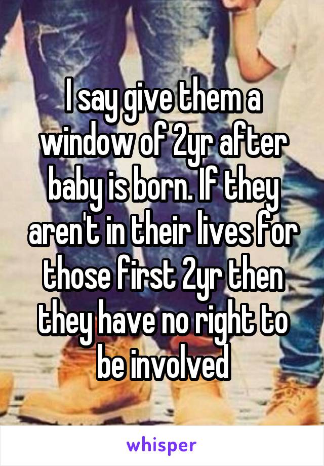 I say give them a window of 2yr after baby is born. If they aren't in their lives for those first 2yr then they have no right to be involved
