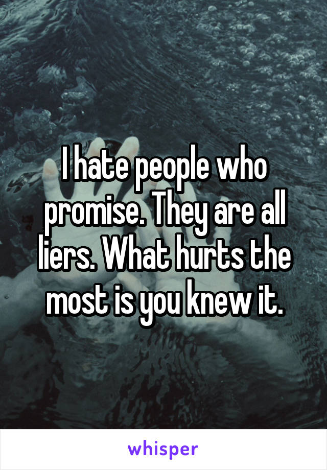 I hate people who promise. They are all liers. What hurts the most is you knew it.