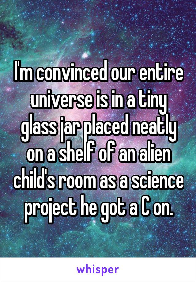 I'm convinced our entire universe is in a tiny glass jar placed neatly on a shelf of an alien child's room as a science project he got a C on.