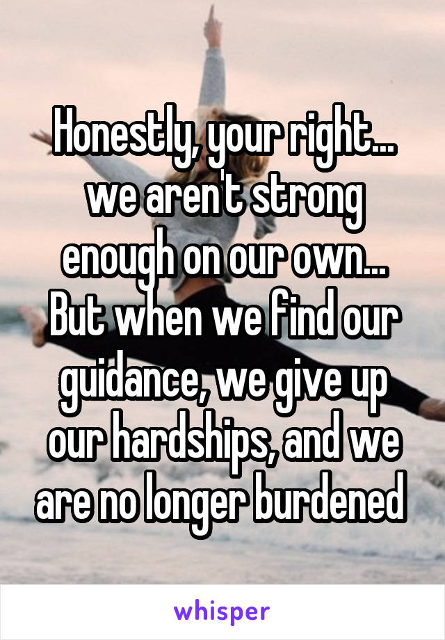 Honestly, your right... we aren't strong enough on our own...
But when we find our guidance, we give up our hardships, and we are no longer burdened 