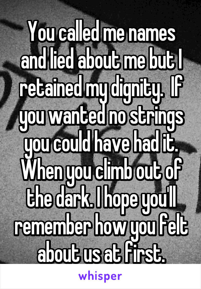 You called me names and lied about me but I retained my dignity.  If you wanted no strings you could have had it. When you climb out of the dark. I hope you'll remember how you felt about us at first.