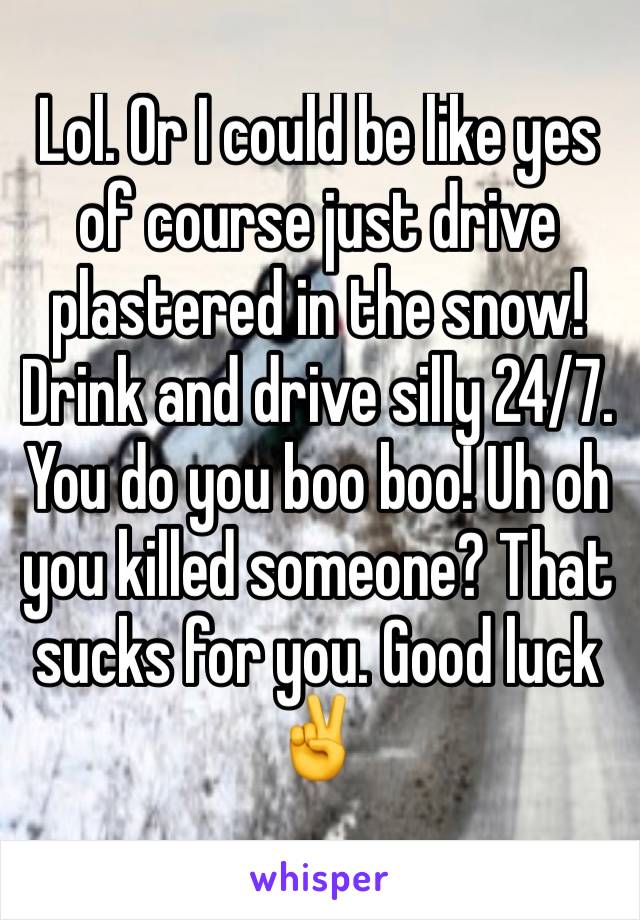 Lol. Or I could be like yes of course just drive plastered in the snow! Drink and drive silly 24/7. You do you boo boo! Uh oh you killed someone? That sucks for you. Good luck ✌️
