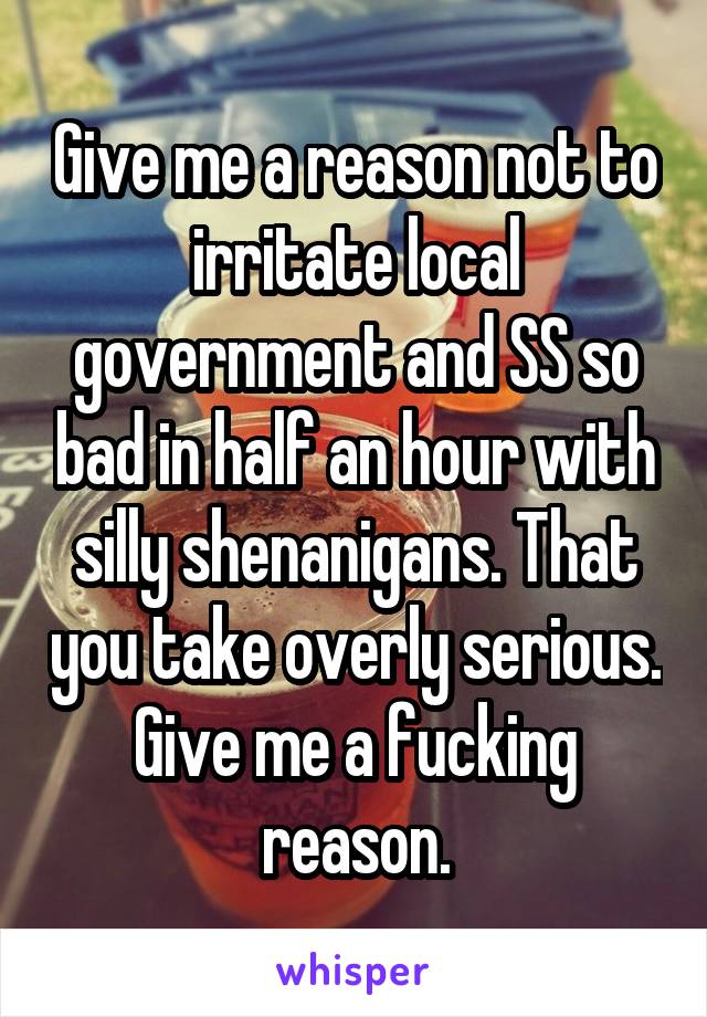 Give me a reason not to irritate local government and SS so bad in half an hour with silly shenanigans. That you take overly serious. Give me a fucking reason.