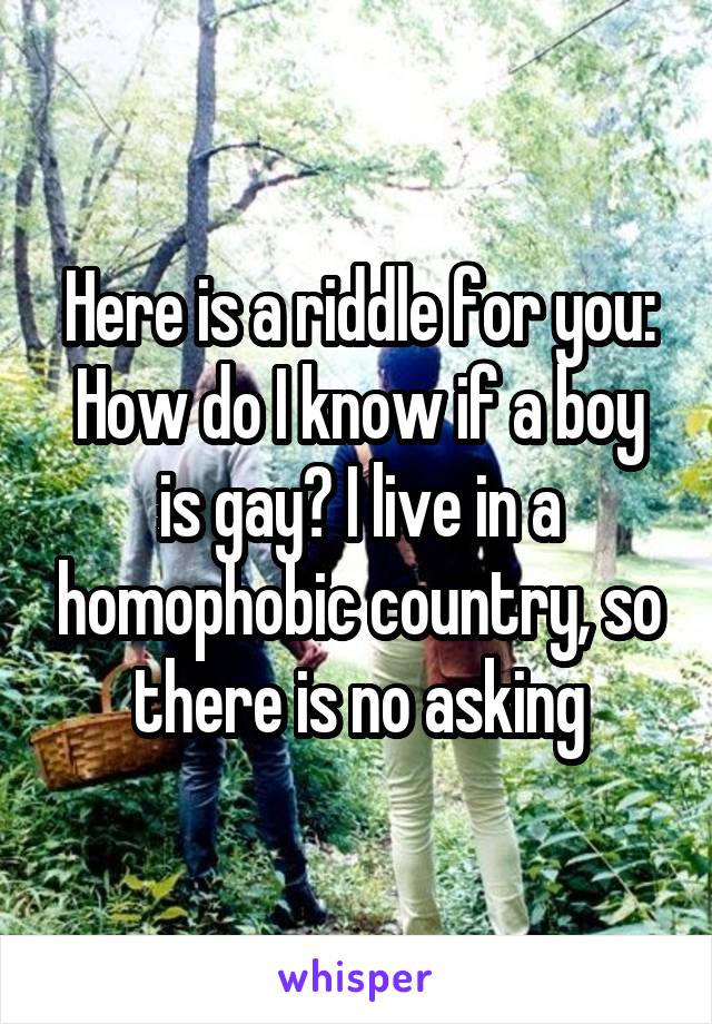 Here is a riddle for you: How do I know if a boy is gay? I live in a homophobic country, so there is no asking