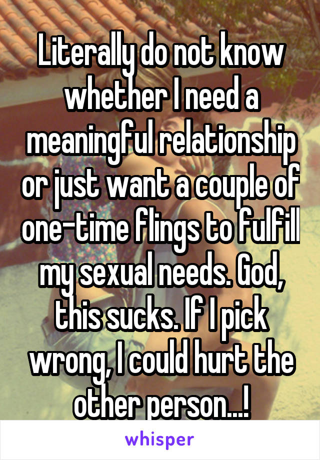 Literally do not know whether I need a meaningful relationship or just want a couple of one-time flings to fulfill my sexual needs. God, this sucks. If I pick wrong, I could hurt the other person...!
