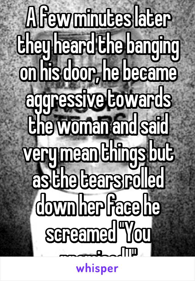 A few minutes later they heard the banging on his door, he became aggressive towards the woman and said very mean things but as the tears rolled down her face he screamed "You promised!!"