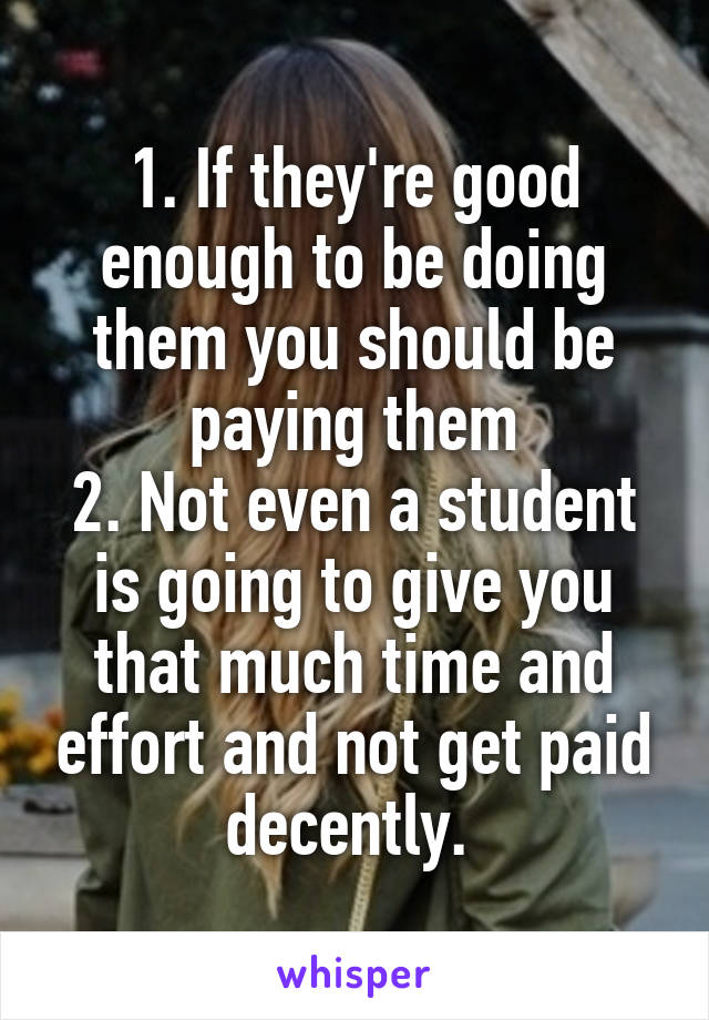 1. If they're good enough to be doing them you should be paying them
2. Not even a student is going to give you that much time and effort and not get paid decently. 