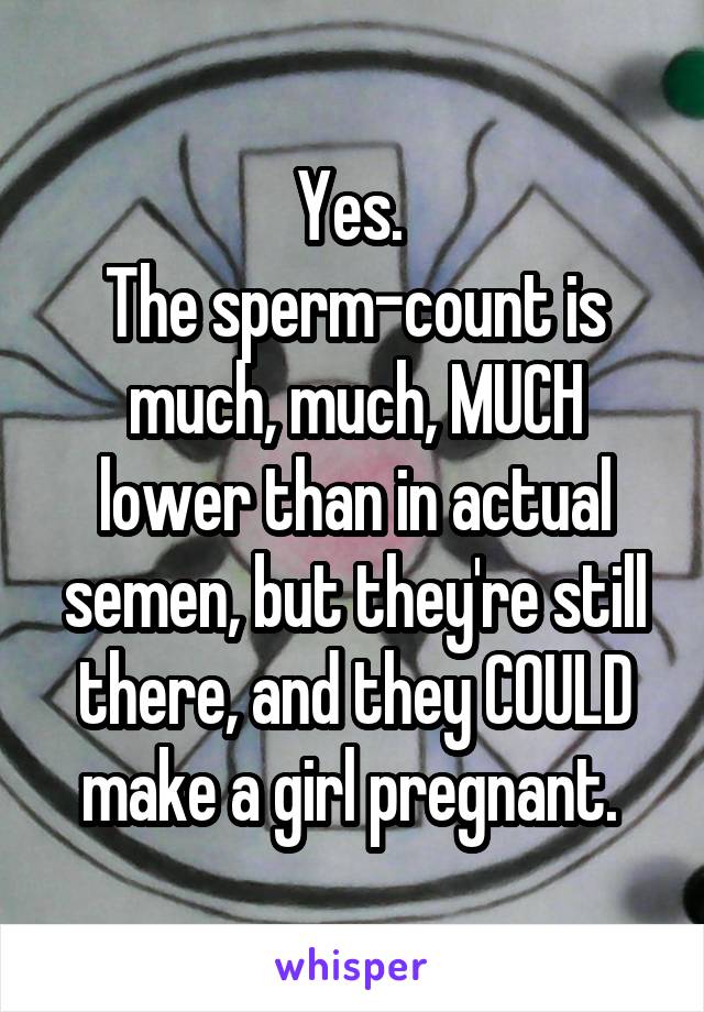 Yes. 
The sperm-count is much, much, MUCH lower than in actual semen, but they're still there, and they COULD make a girl pregnant. 