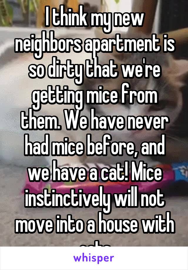 I think my new neighbors apartment is so dirty that we're getting mice from them. We have never had mice before, and we have a cat! Mice instinctively will not move into a house with cats