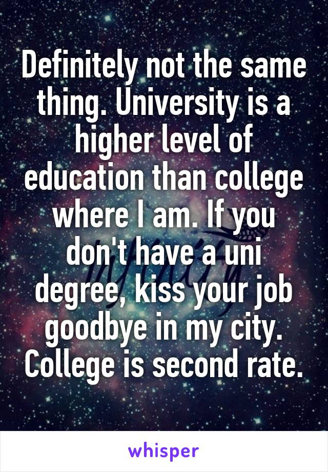 Definitely not the same thing. University is a higher level of education than college where I am. If you don't have a uni degree, kiss your job goodbye in my city. College is second rate. 