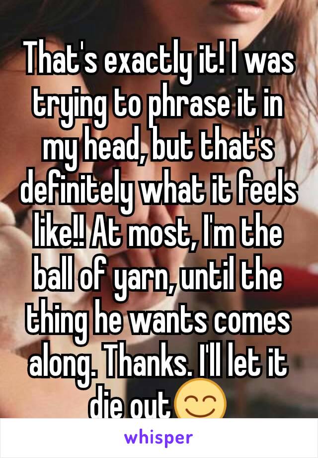 That's exactly it! I was trying to phrase it in my head, but that's definitely what it feels like!! At most, I'm the ball of yarn, until the thing he wants comes along. Thanks. I'll let it die out😊