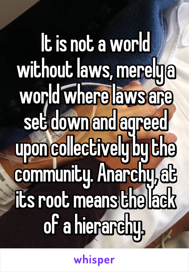 It is not a world without laws, merely a world where laws are set down and agreed upon collectively by the community. Anarchy, at its root means the lack of a hierarchy. 