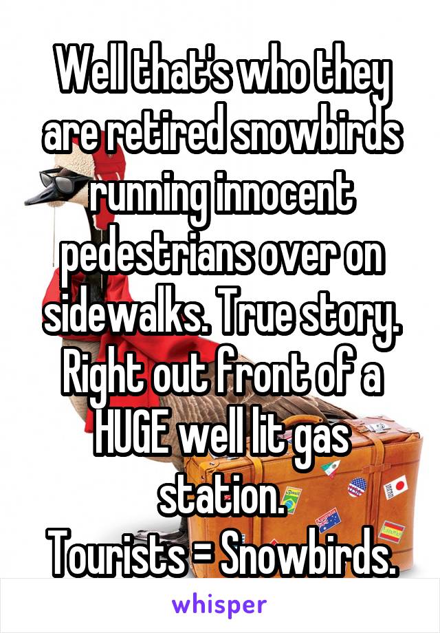 Well that's who they are retired snowbirds running innocent pedestrians over on sidewalks. True story. Right out front of a HUGE well lit gas station.
Tourists = Snowbirds.