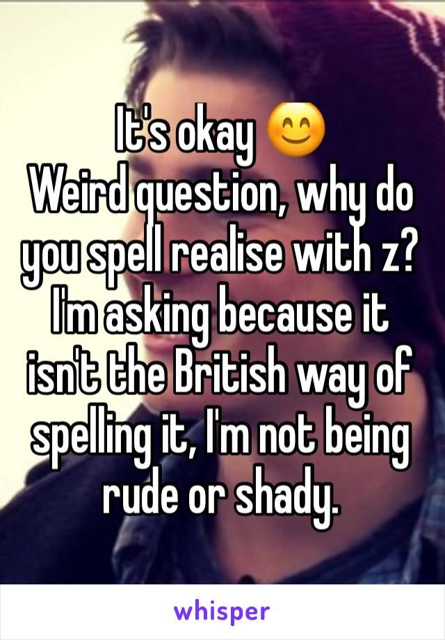 It's okay 😊
Weird question, why do you spell realise with z? I'm asking because it isn't the British way of spelling it, I'm not being rude or shady.