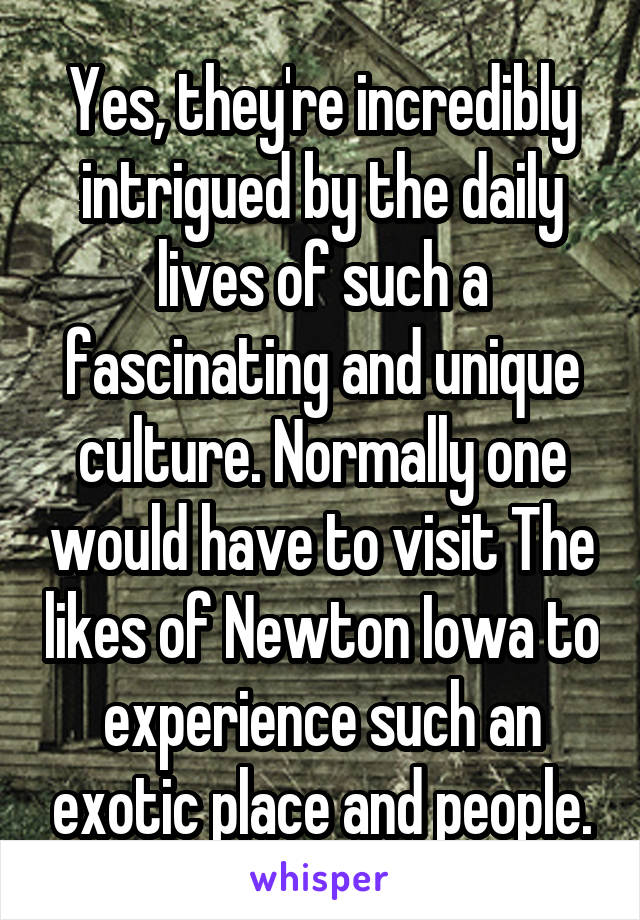 Yes, they're incredibly intrigued by the daily lives of such a fascinating and unique culture. Normally one would have to visit The likes of Newton Iowa to experience such an exotic place and people.