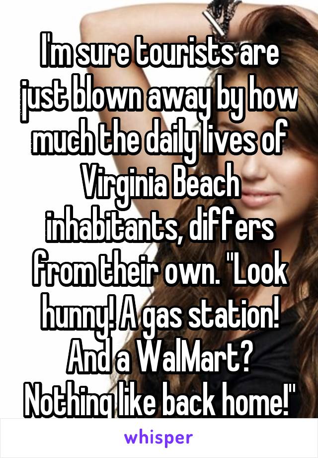 I'm sure tourists are just blown away by how much the daily lives of Virginia Beach inhabitants, differs from their own. "Look hunny! A gas station! And a WalMart? Nothing like back home!"