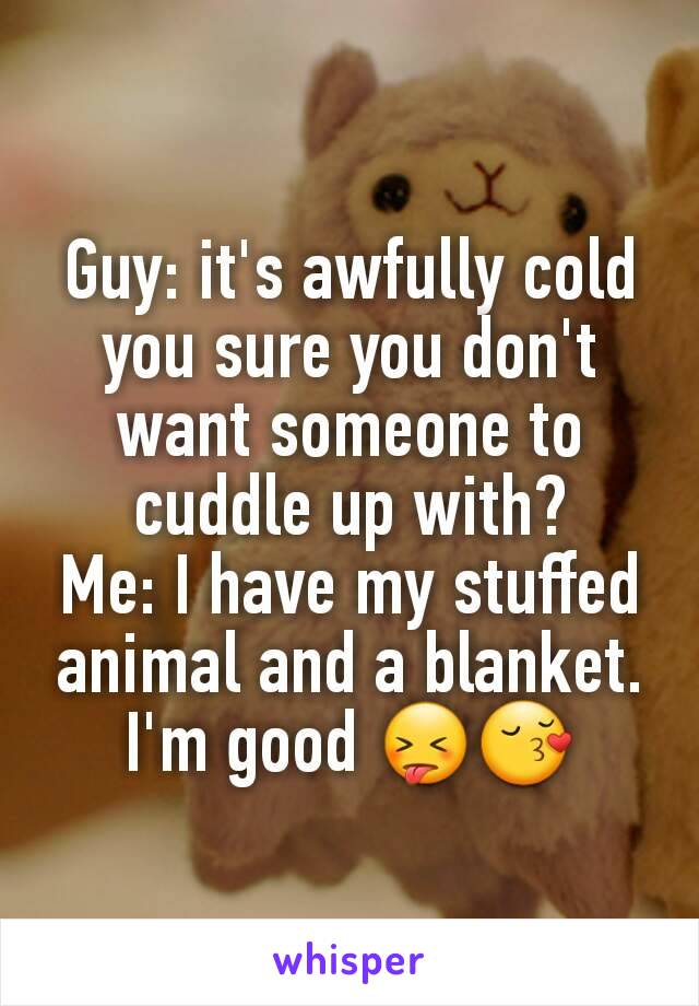 Guy: it's awfully cold you sure you don't want someone to cuddle up with?
Me: I have my stuffed animal and a blanket. I'm good 😝😚