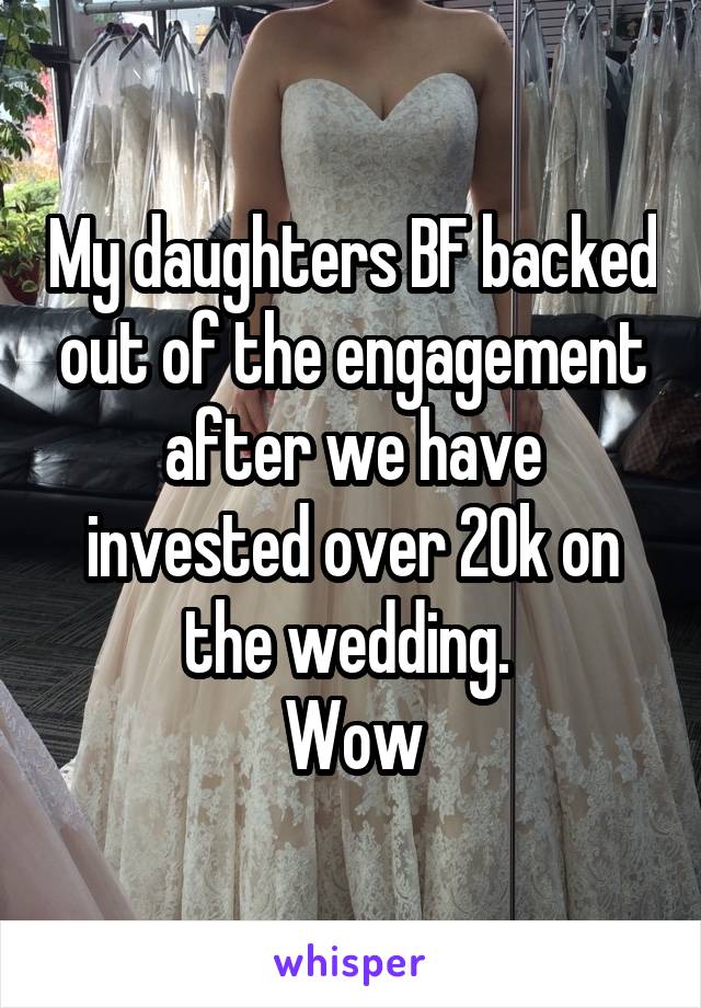 My daughters BF backed out of the engagement after we have invested over 20k on the wedding. 
Wow