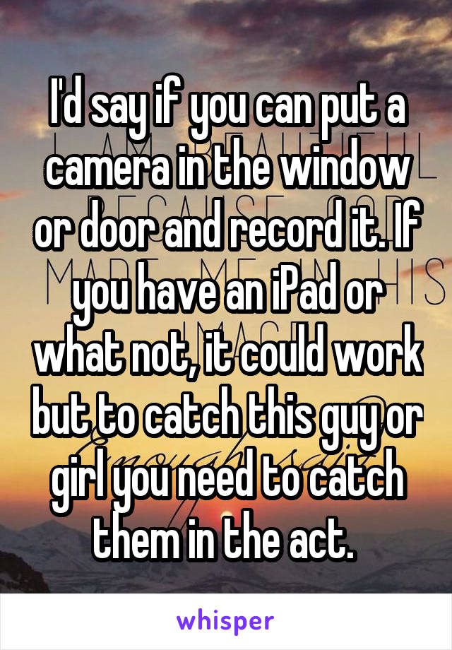 I'd say if you can put a camera in the window or door and record it. If you have an iPad or what not, it could work but to catch this guy or girl you need to catch them in the act. 