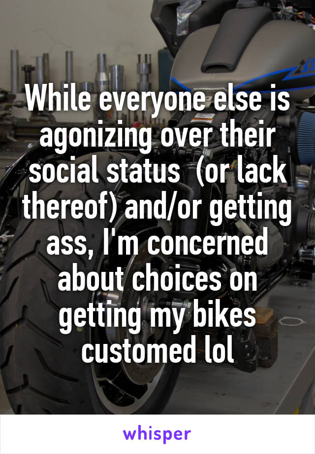 While everyone else is agonizing over their social status  (or lack thereof) and/or getting ass, I'm concerned about choices on getting my bikes customed lol