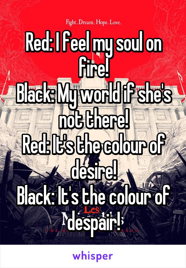 Red: I feel my soul on fire!
Black: My world if she's not there!
Red: It's the colour of desire!
Black: It's the colour of despair!