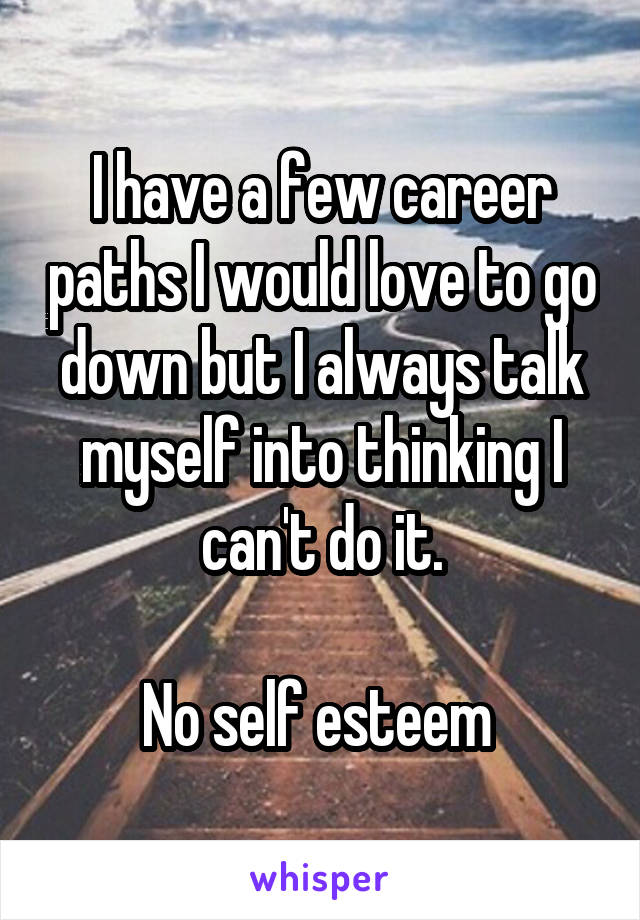 I have a few career paths I would love to go down but I always talk myself into thinking I can't do it.

No self esteem 