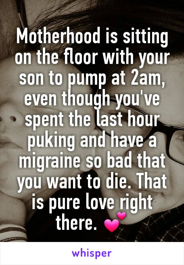 Motherhood is sitting on the floor with your son to pump at 2am, even though you've spent the last hour puking and have a migraine so bad that you want to die. That is pure love right there. 💕