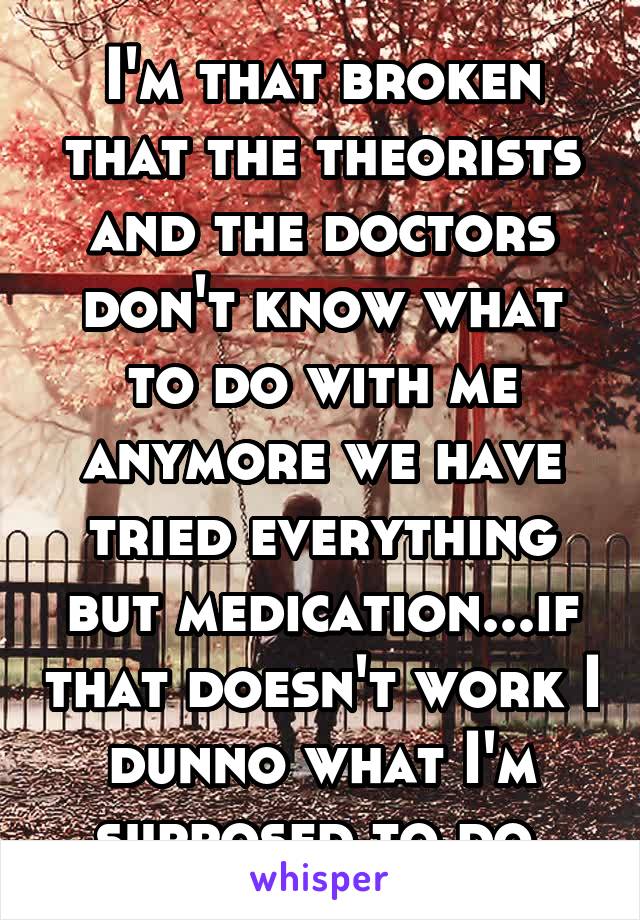 I'm that broken that the theorists and the doctors don't know what to do with me anymore we have tried everything but medication...if that doesn't work I dunno what I'm supposed to do 