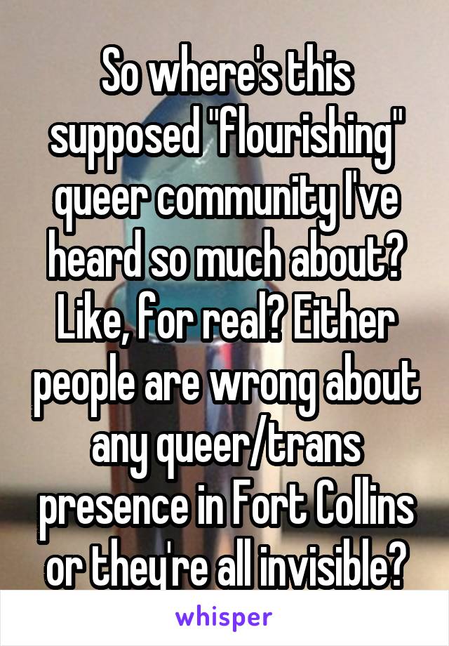 So where's this supposed "flourishing" queer community I've heard so much about? Like, for real? Either people are wrong about any queer/trans presence in Fort Collins or they're all invisible?