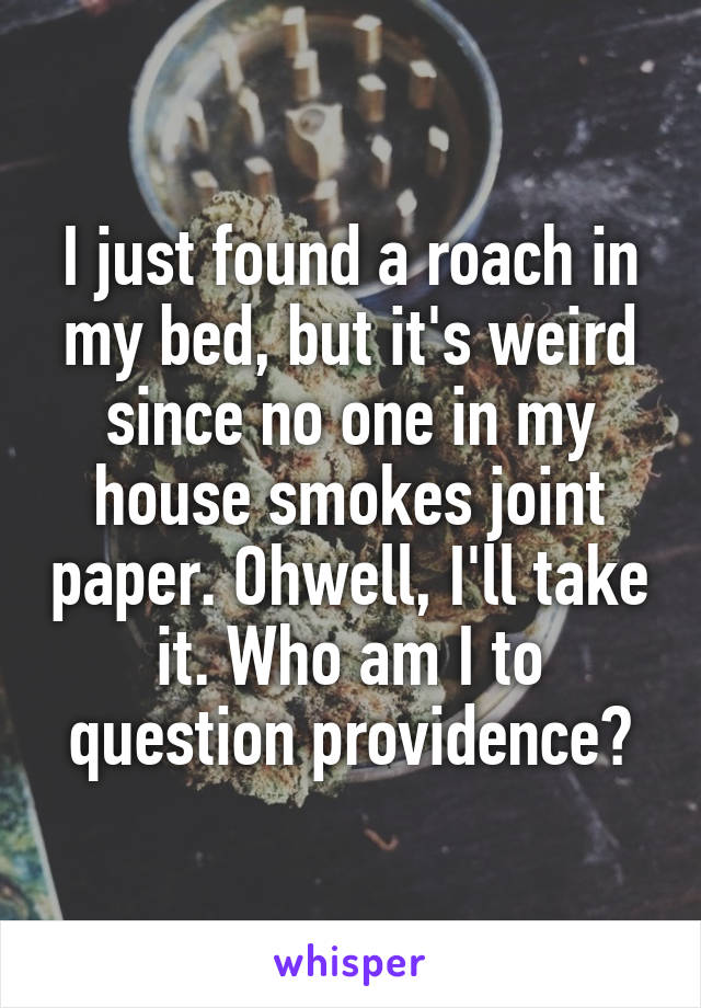 I just found a roach in my bed, but it's weird since no one in my house smokes joint paper. Ohwell, I'll take it. Who am I to question providence?