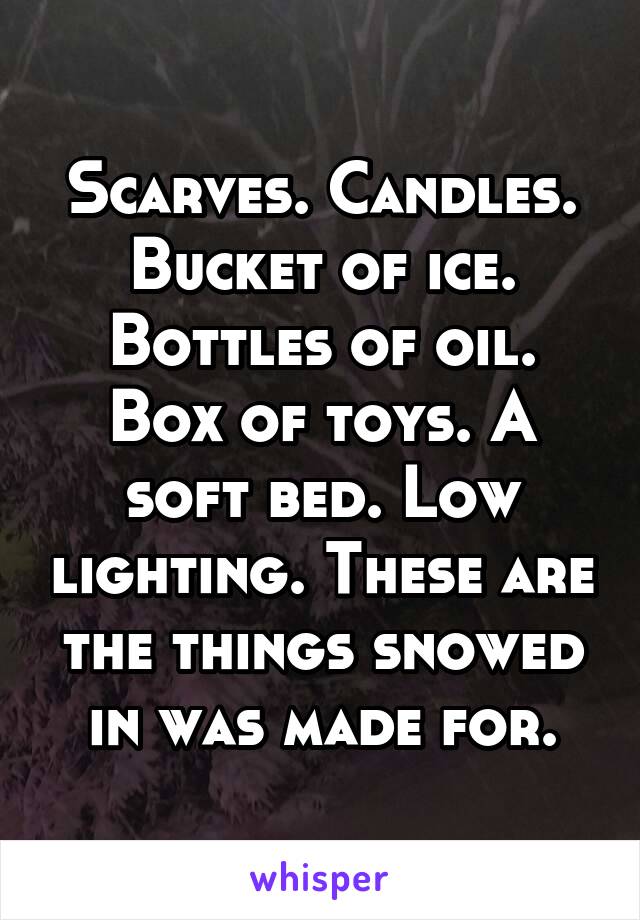 Scarves. Candles. Bucket of ice. Bottles of oil. Box of toys. A soft bed. Low lighting. These are the things snowed in was made for.