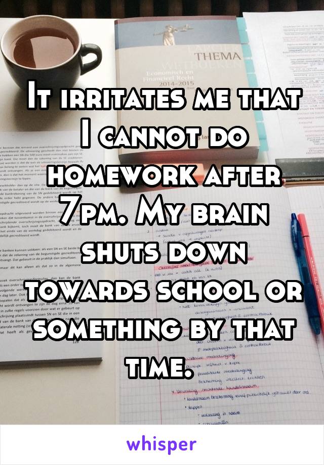 It irritates me that I cannot do homework after 7pm. My brain shuts down towards school or something by that time. 