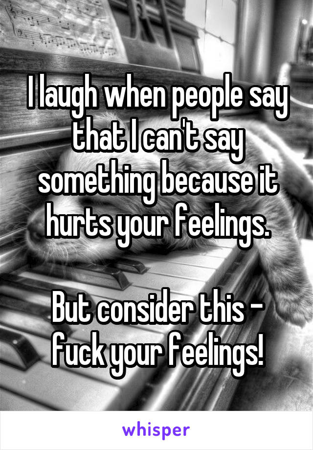 I laugh when people say that I can't say something because it hurts your feelings.

But consider this - fuck your feelings!