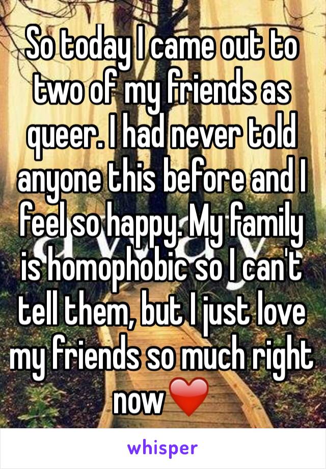 So today I came out to two of my friends as queer. I had never told anyone this before and I feel so happy. My family is homophobic so I can't tell them, but I just love my friends so much right now❤️