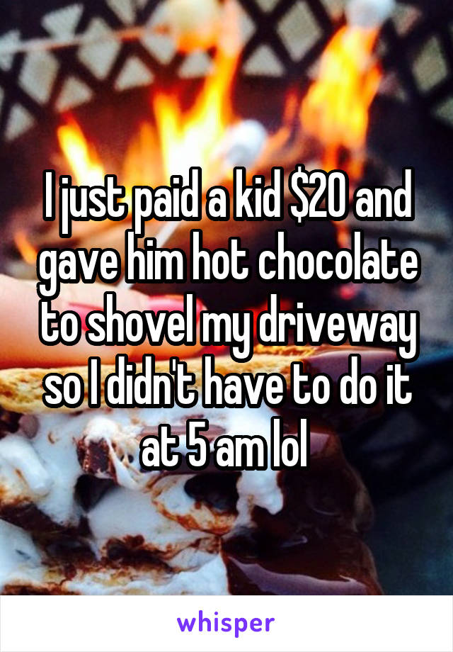 I just paid a kid $20 and gave him hot chocolate to shovel my driveway so I didn't have to do it at 5 am lol 