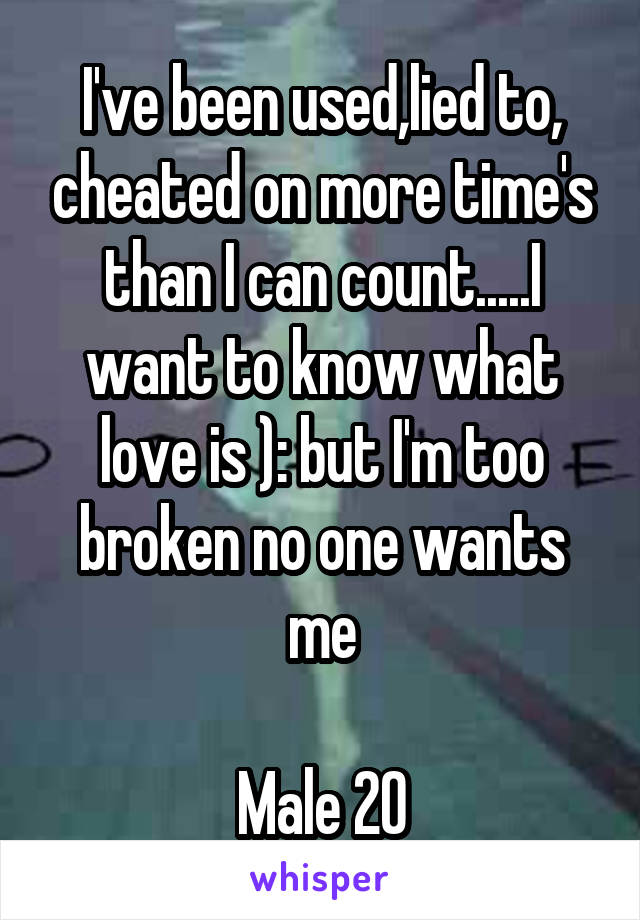 I've been used,lied to, cheated on more time's than I can count.....I want to know what love is ): but I'm too broken no one wants me

Male 20