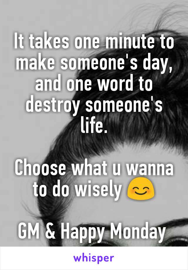 It takes one minute to make someone's day, and one word to destroy someone's life.

Choose what u wanna to do wisely 😊

GM & Happy Monday 