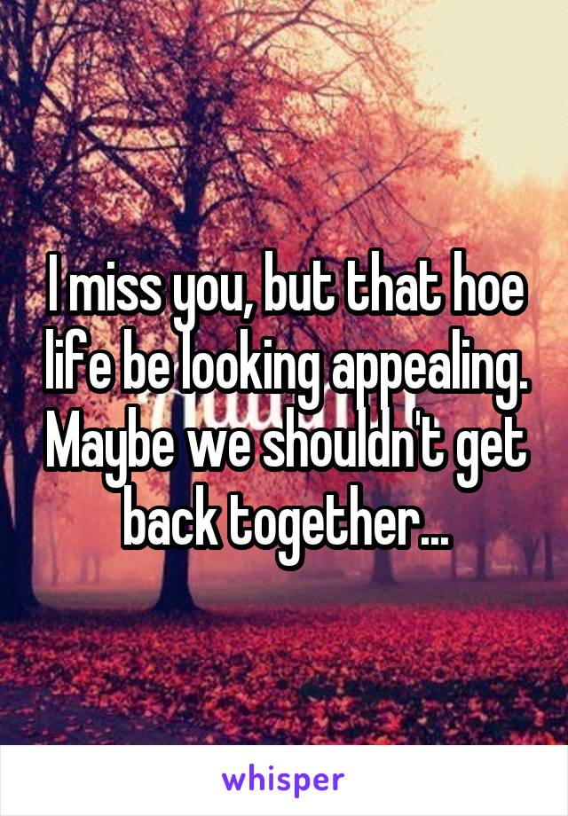 I miss you, but that hoe life be looking appealing. Maybe we shouldn't get back together...