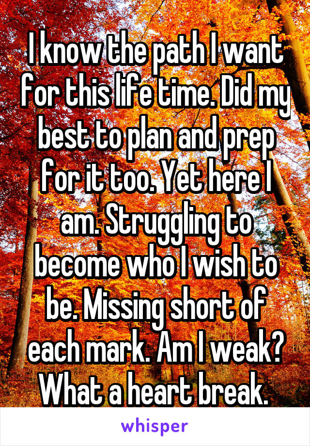 I know the path I want for this life time. Did my best to plan and prep for it too. Yet here I am. Struggling to become who I wish to be. Missing short of each mark. Am I weak? What a heart break. 