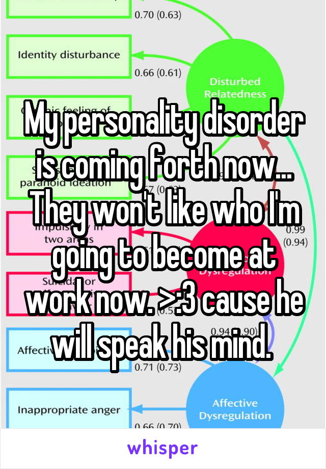 My personality disorder is coming forth now... They won't like who I'm going to become at work now. >:3 cause he will speak his mind. 