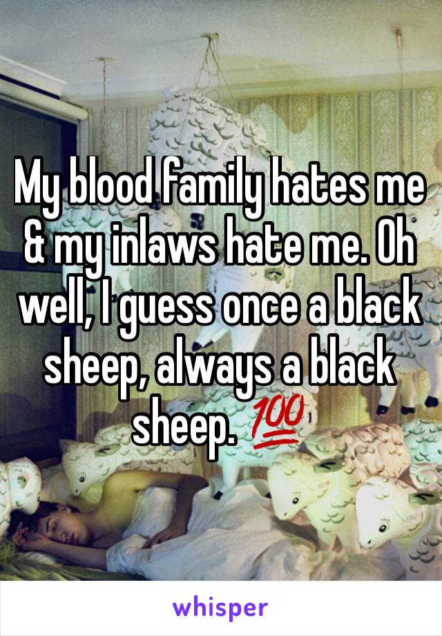 My blood family hates me & my inlaws hate me. Oh well, I guess once a black sheep, always a black sheep. 💯