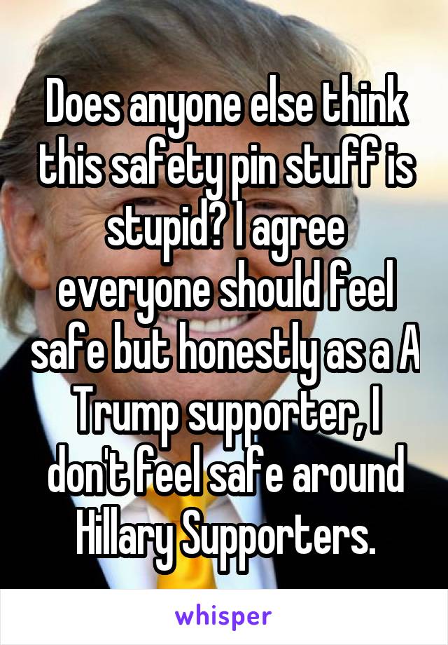 Does anyone else think this safety pin stuff is stupid? I agree everyone should feel safe but honestly as a A Trump supporter, I don't feel safe around Hillary Supporters.