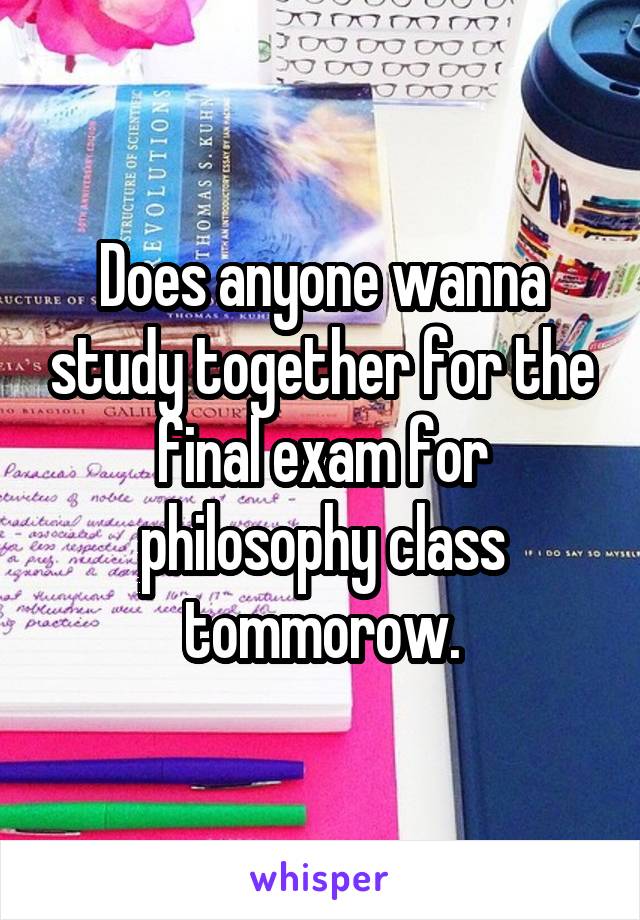 Does anyone wanna study together for the final exam for philosophy class tommorow.