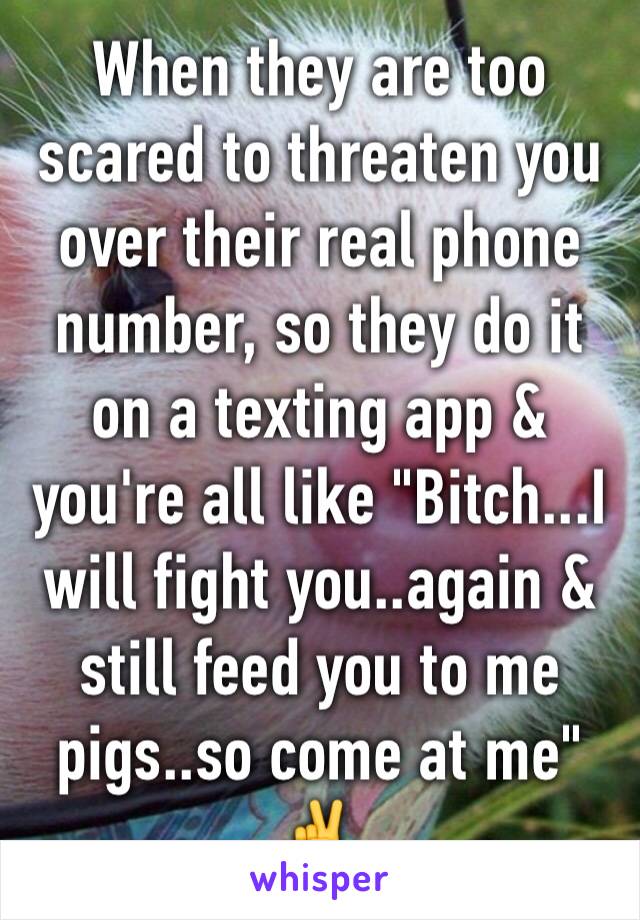 When they are too scared to threaten you over their real phone number, so they do it on a texting app & you're all like "Bitch...I will fight you..again & still feed you to me pigs..so come at me" ✌️️