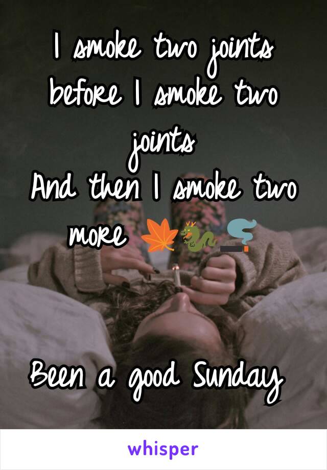 I smoke two joints before I smoke two joints
And then I smoke two more 🍁🐉🚬


Been a good Sunday 