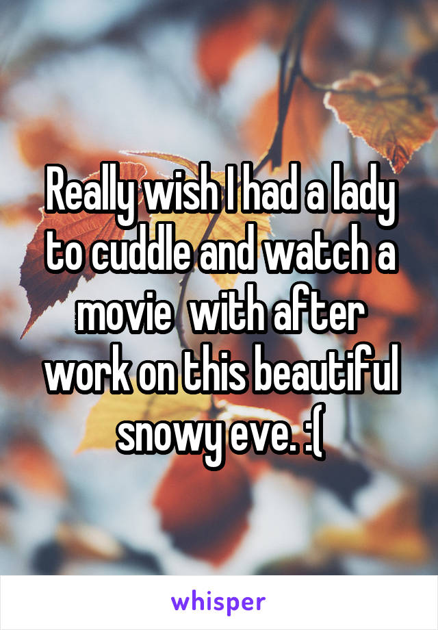 Really wish I had a lady to cuddle and watch a movie  with after work on this beautiful snowy eve. :(