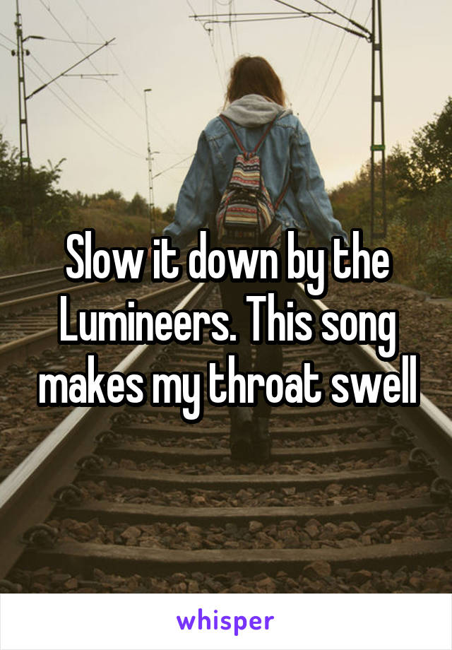 Slow it down by the Lumineers. This song makes my throat swell