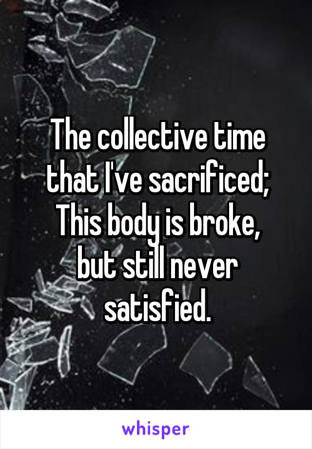 The collective time that I've sacrificed;
This body is broke,
but still never satisfied.