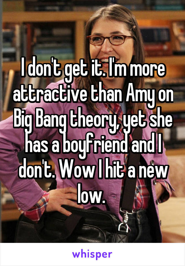 I don't get it. I'm more attractive than Amy on Big Bang theory, yet she has a boyfriend and I don't. Wow I hit a new low. 