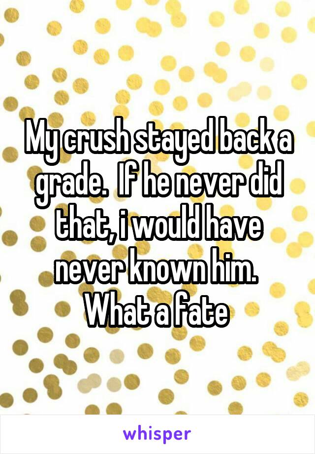 My crush stayed back a grade.  If he never did that, i would have never known him.  What a fate 